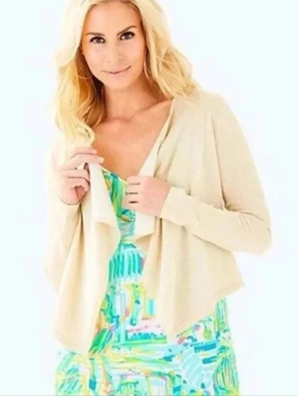 LILLY PULITZER Colony Gold Metallic Drape Front Cardigan Sweater Lightweight XL - Picture 11 of 12